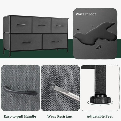 5-Drawer Dresser for Bedroom, Anti-Tip Wide Storage Organizer Fabric Chest of Drawers TV Stand for 45" TV with Wooden Top and Metal Frame for Closet, Living Room, Hallway, Entryway, Gray
