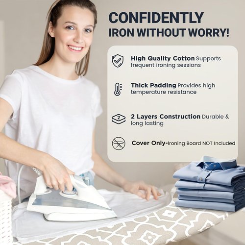 UniSimp Ironing Board Cover and Pad 15"x54" Extra Thick Natural Cotton, Scorch and Stain Resistant Padding, Standard Size Iron Board Cover with Fasteners Heavy Duty Elastic Edge, Heatproof Geometric