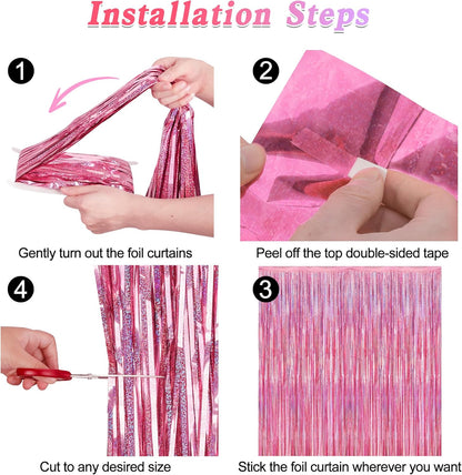 Skiennix Pink Backdrop - 12 Pack Metallic Glitter Tinsel Fringe Curtains | 3.28 FT x 7.05 FT Party Decor
