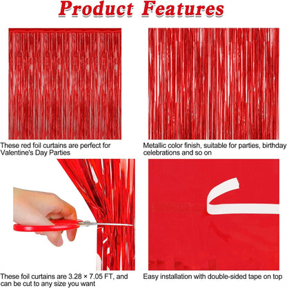 Skiennix Red Tinsel Backdrop - 2 Pack Fringe Curtains | 3.28 FT x 7.05 FT for Valentine's Day & Weddings