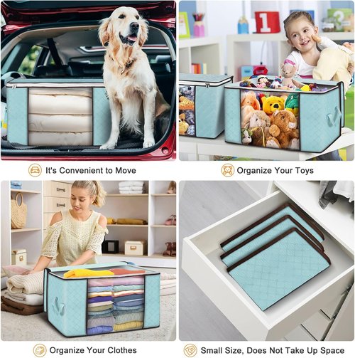 Budding Joy 90L Large Storage Bags - 4 Pack Foldable Closet Organizers for Clothes & Bedding (Blue)