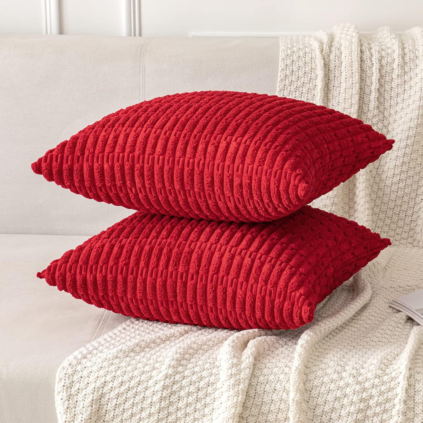 MIULEE Euro Sham Pillow Covers - Pack of 2 Red Corduroy, 24x24 Inch Soft Boho Striped Decor for Sofa & Bed