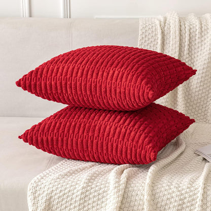 MIULEE Decorative Pillow Covers - Pack of 2 Red Corduroy 16x16 Inch Soft Boho Striped Design for Modern Farmhouse Decor