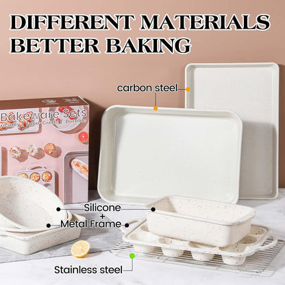 Skiennix Silicone Baking Pans Set - 8 Pcs Nonstick Bakeware with Metal Reinforced Frame | Cream Color