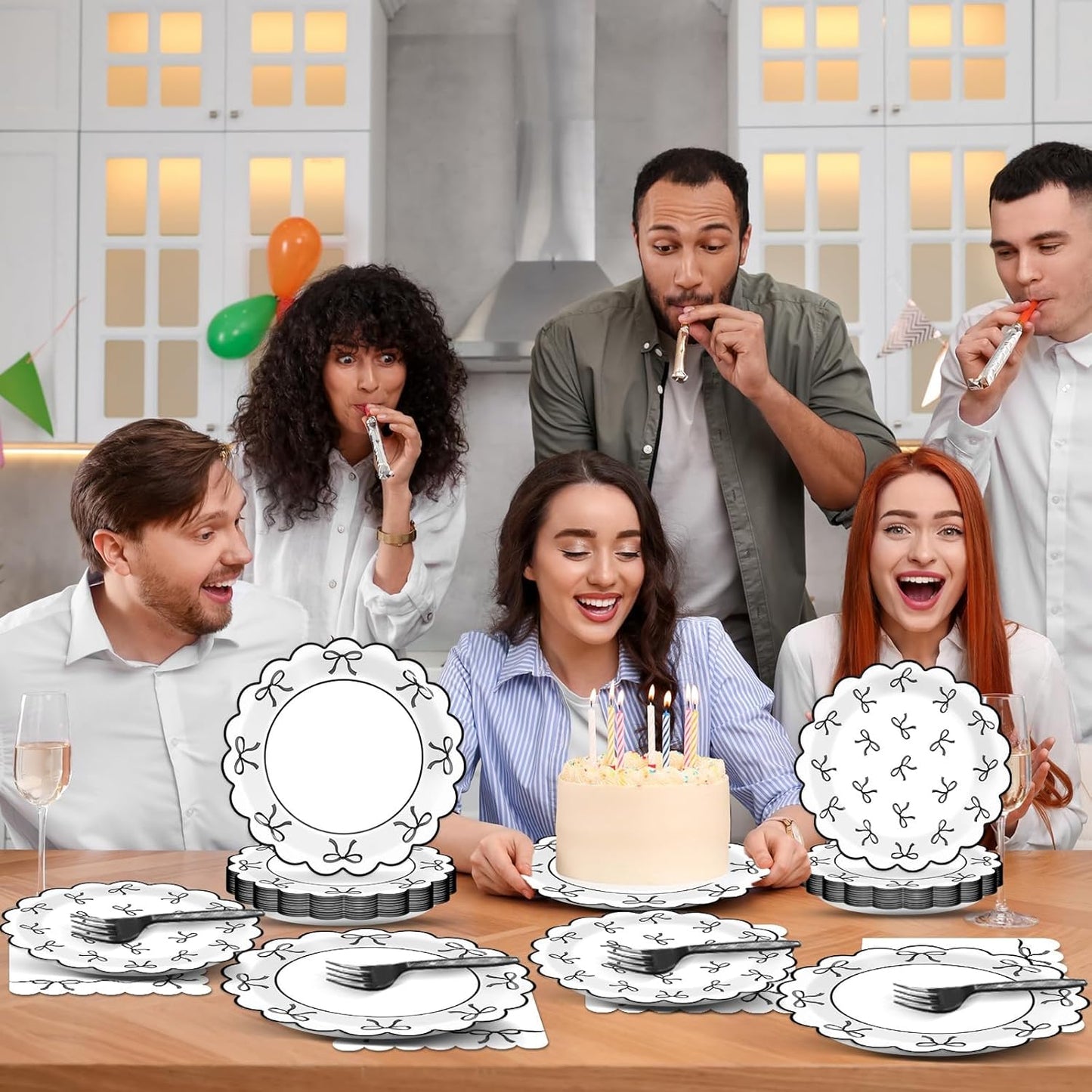 Skiennix 96-Piece Black & White Bow Party Decorations - Elegant Tableware for Birthdays & Showers, Serves 24