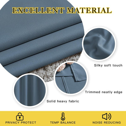 NICETOWN Smoky Blue Curtains 90 inch Length, Sound Reducing Thermal Insulated Grommet Room Darkening Window Treatments for Bedroom/Living Room, 2 Panels, W52 x L90, Smoky Blue