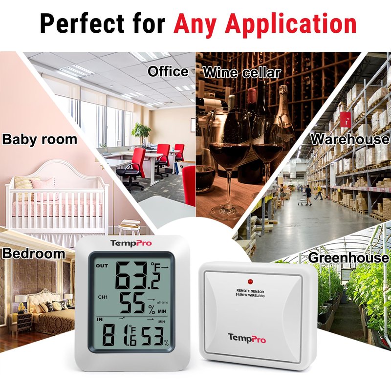 TempPro TP60 Digital Hygrometer Outdoor Thermometer Wireless Temperature and Humidity Gauge Monitor Room Thermometer with 500ft/150m Range Humidity Meter Temperature Indicators (Previously ThermoPro)