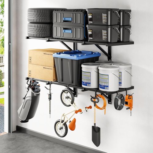 FLEXIMOUNTS 2x4ft Heavy Duty Garage Wall Shelving - 400lbs Capacity | 2-Pack with 8 Hooks for Tools & Supplies