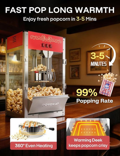 Commercial Popcorn Machine - Authentic 16oz Kettle Popcorn Maker with Warming Deck | 1600W Red