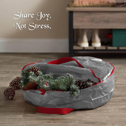 ZOBER Wreath Storage Bag - 36 Inch Durable Container for Artificial Wreaths - Gray with Dual Zippers
