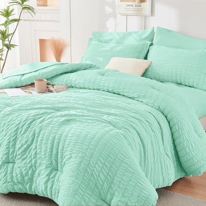 HYMOKEGE Queen Comforter Set - Mint Green Seersucker 7-Piece Luxury Bedding | All-Season Bed in a Bag