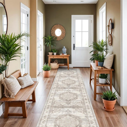 Washable 3x20 Extra Long Runners: Oriental Non-Slip Hallway Runner Rugs for Kitchen Dining Room Indoor Farmhouse Thin Entryway Mat Stain Resistant Soft Carpet for Living Room Bedroom (Beige,3x20)