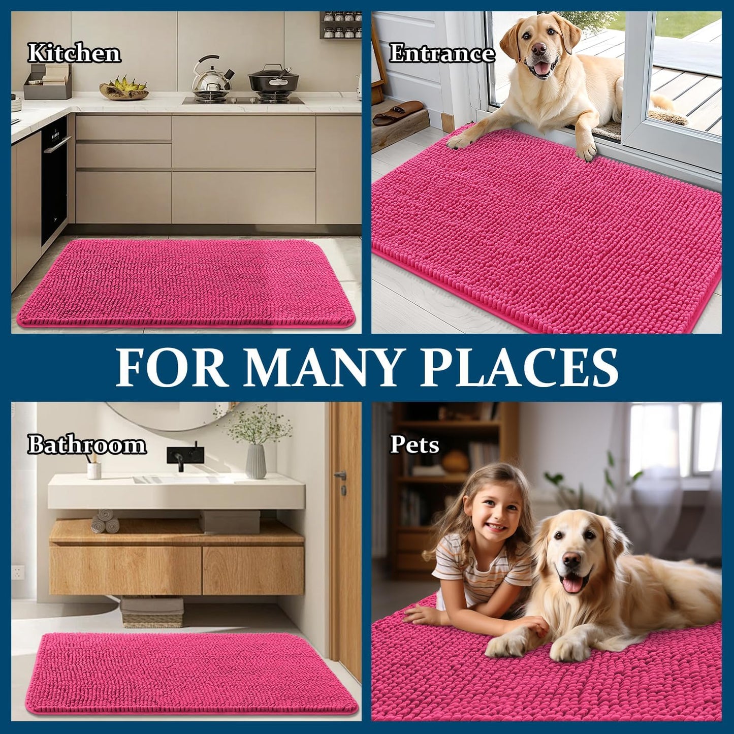 OLANLY Dog Door Mat - Absorbent Non-Slip Mud Mat for Indoor Use | Quick-Dry Chenille, 30x17, Hot Pink