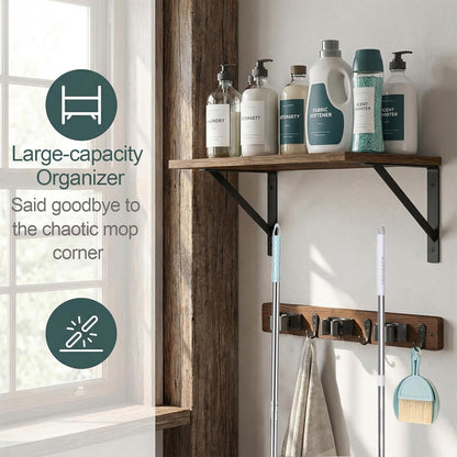 Skiennix Broom and Mop Organizer - Rustic Wood Wall-Mounted Storage Rack for Laundry Room | Brown