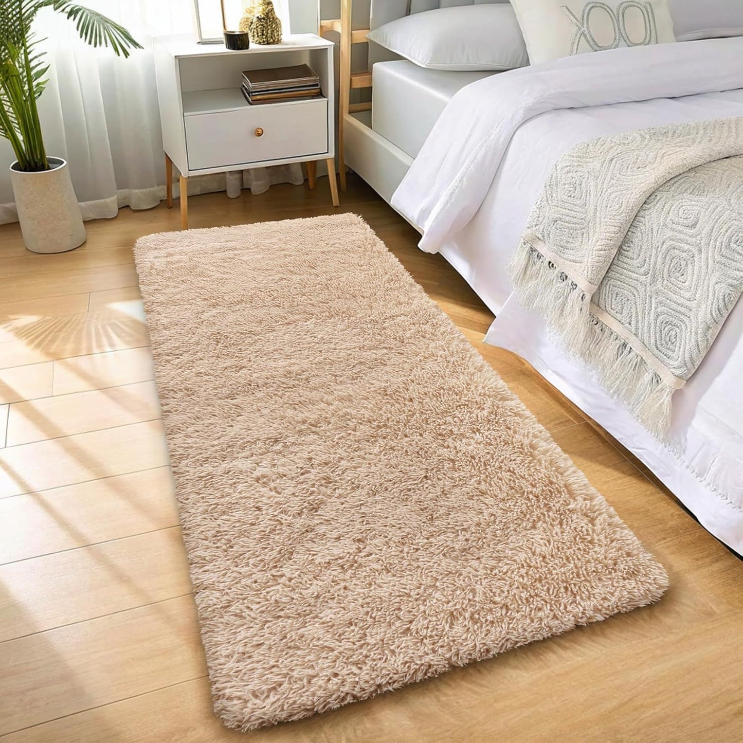OLANLY 3x8 Machine Washable Runner Rug - Soft Fluffy Shaggy Design for Bedroom & Hallway - Beige