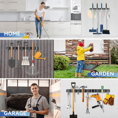 ZONGOOL Wall Mount Broom Holder - 4 Racks & 5 Hooks for Home Organization | Black Metal Tool Organizer
