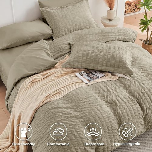 HYMOKEGE Queen Comforter Set - 7-Piece Luxury Linen Bedding Set with Seersucker Design | All-Season Comfort