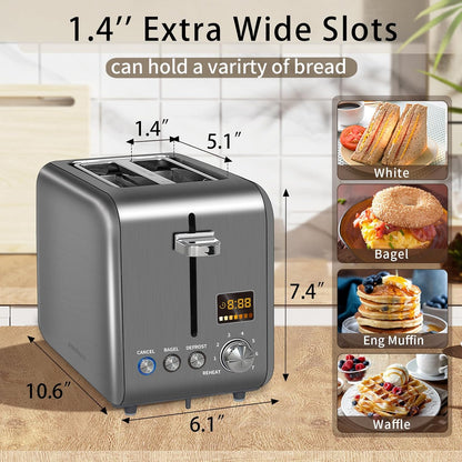 SEEDEEM 2-Slice Stainless Steel Toaster - LCD Display, 7 Shade Settings, 1.4'' Wide Slots, Dark Metallic
