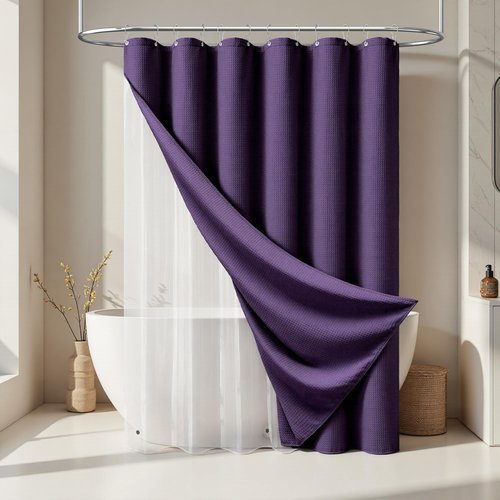 Dynamene Purple Shower Curtain and Liner Set, Waffle Weave Fabric, Waterproof Clear Liner, 256GSM Heavy Duty Weighted Hotel Luxury Cloth Shower Curtains for Bathroom with 12 Plastic Hooks, 72Wx72H