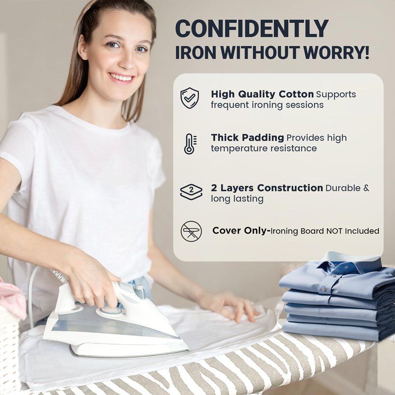 UniSimp Ironing Board Cover and Pad 18"x54" Extra Thick Natural Cotton, Scorch and Stain Resistant Iron Board Cover, Extra Large Iron Board Cover with Fasteners Heavy Duty Heatproof Elastic Edge Zebra