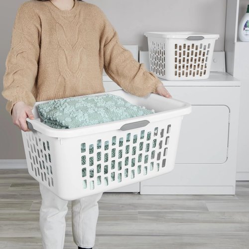 Large Plastic Laundry Basket - 4 Comfort Grip Handles, 2 Bushel Capacity | White