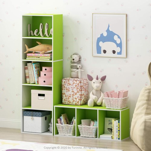 Furinno LUDER 5-Tier Bookshelf - Open Shelves for Easy Assembly | White/Green, 9.4 x 15.8 x 52 Inches