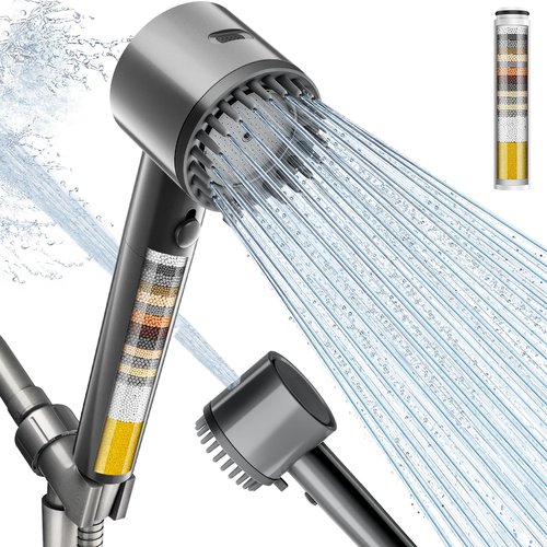 Cobbe Ion Drops Filtered Shower Head with Handheld, 4+1 Spray Mode Showerhead with Filters, Built-in Power Wash for Hard Water - Remove Chlorine - Reduces Dry Itchy Skin, Luxury Gray