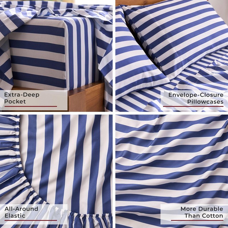 Mellanni Full Sheets Set - 4 PC Iconic Collection Bedding - Hotel Luxury, Extra Soft, Cooling Bed Sheets - Wrinkle, Fade, Stain Resistant (Full, Oxford Stripe Blue Nova)