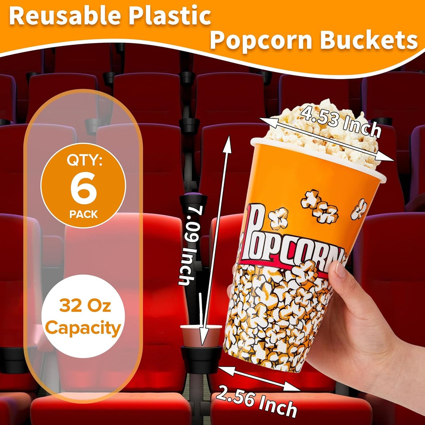 Retro Style Plastic Popcorn Containers - Reusable Small Buckets for Movie Night | 6 Pack