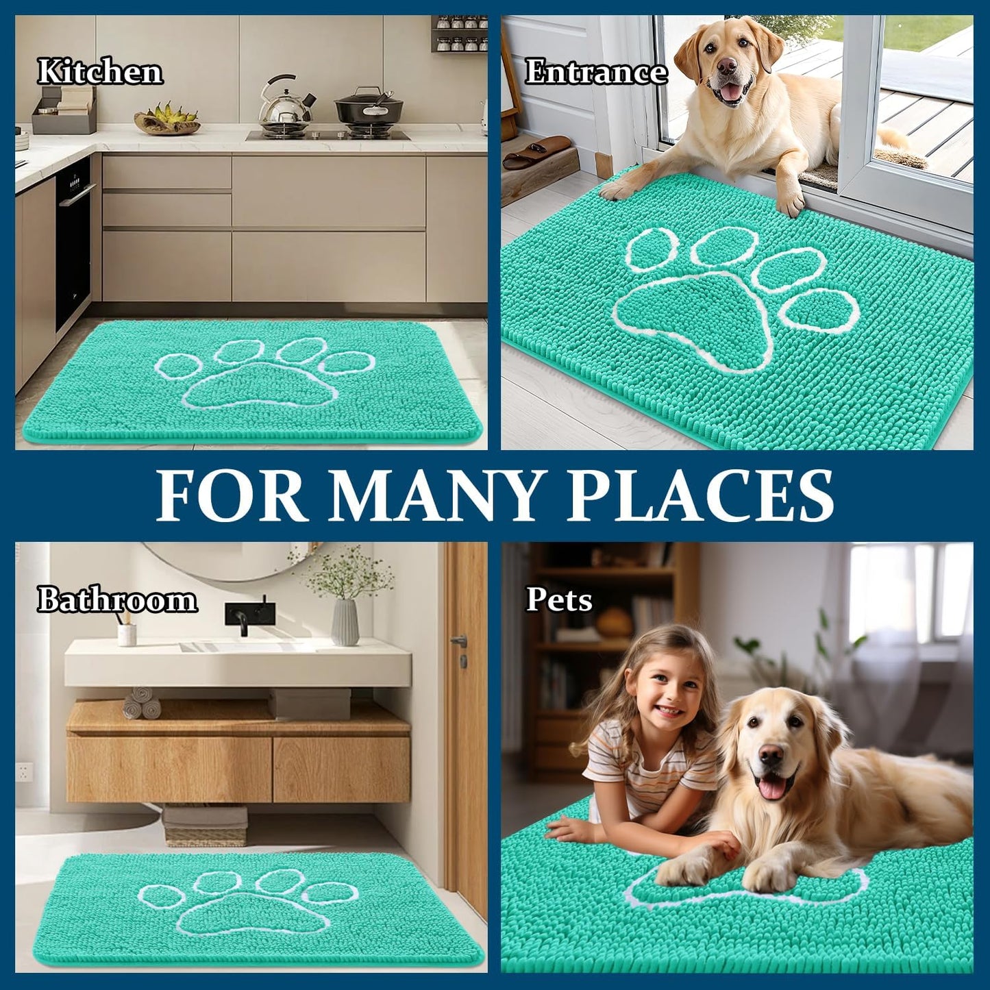 OLANLY Dog Door Mat - Absorbent Non-Slip Chenille Mud Mat for Muddy Paws | 24x16, Teal