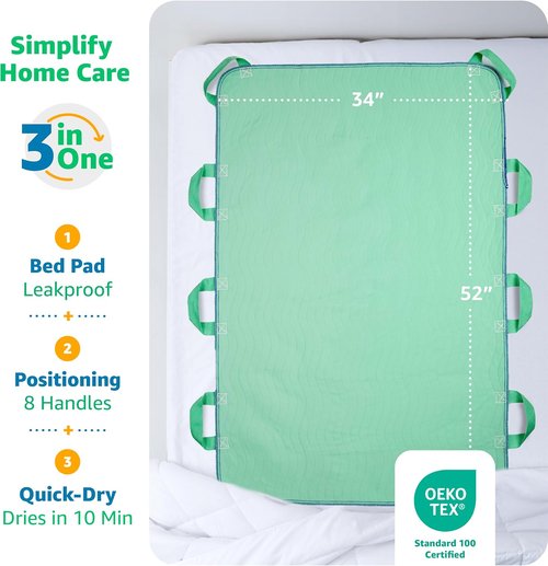 Improvia Bed Pad - Waterproof & Quick-Drying with 8 Reinforced Handles | 34" x 52" for Elderly Care