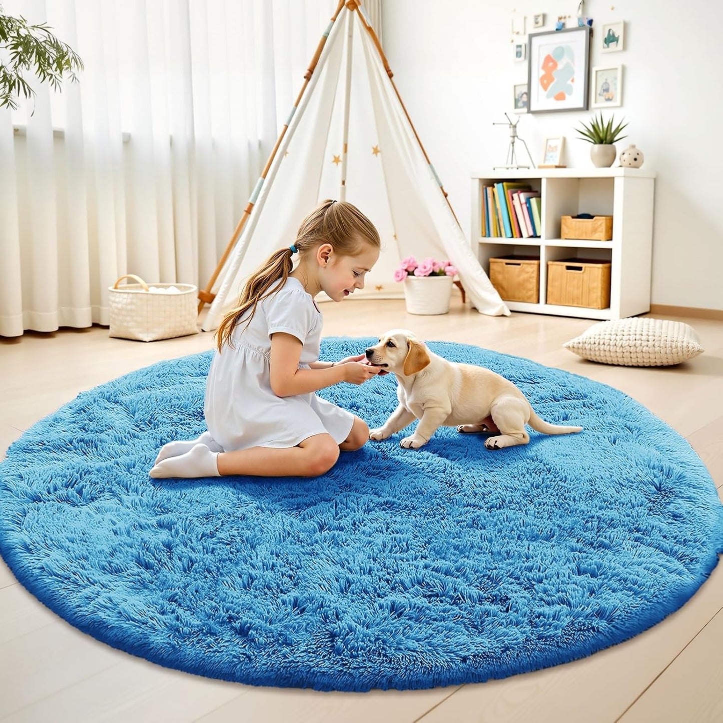 OLANLY Round Blue Area Rug - Soft, Fluffy, Machine Washable 7 ft Circle Carpet for Bedroom & Living Room Decor