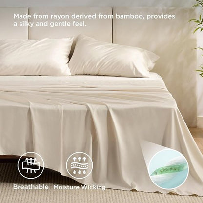 Bedsure Queen Sheet Set, Rayon Derived from Bamboo, Cooling Sheets, PureWoven, Breathable & Soft, Deep Pocket Up to 16", Hotel Luxury Silky Bedding for Hot Sleepers, Light Beige
