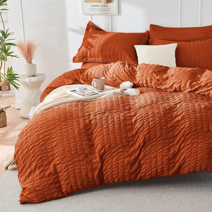 HYMOKEGE King Size Comforter Set - Burnt Orange Seersucker 7-Piece Luxury Bedding Set