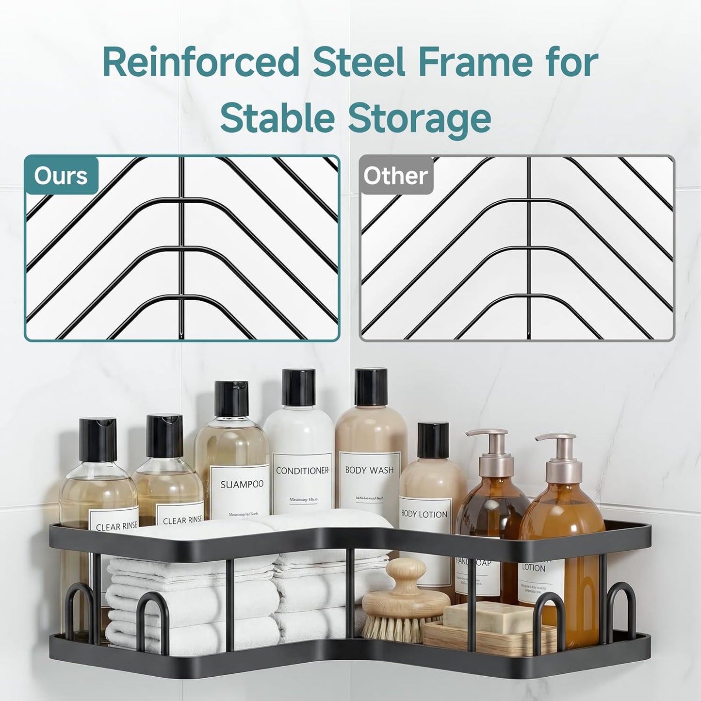 Veken Corner Shower Caddy - Rustproof Adhesive Shelves with Soap Holder | 5-Pack Large Capacity, Black