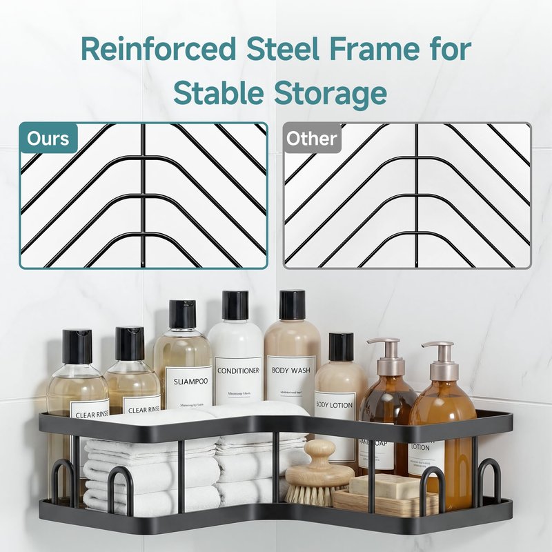Veken Corner Adhesive Shower Caddy 4-Pack with Soap Holder&Hooks,No Drilling Shower Shelves,Rustproof & Waterproof Bathroom Organizers and Storage,Rack for Small Spaces, Kitchen&Rental-Friendly,Black
