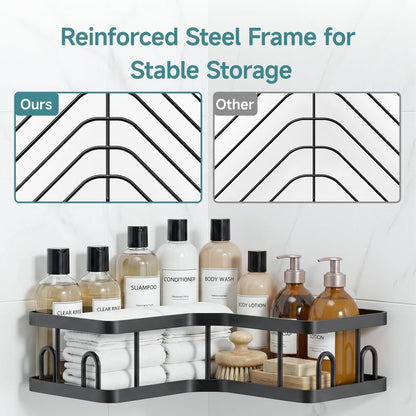 Veken Corner Adhesive Shower Caddy 4-Pack with Soap Holder&Hooks,No Drilling Shower Shelves,Rustproof & Waterproof Bathroom Organizers and Storage,Rack for Small Spaces, Kitchen&Rental-Friendly,Black
