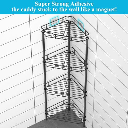 HuggieGems Corner Shower Caddy Organizer - 4 Tier Floor Standing Shelf with Hooks | Matte Black Finish