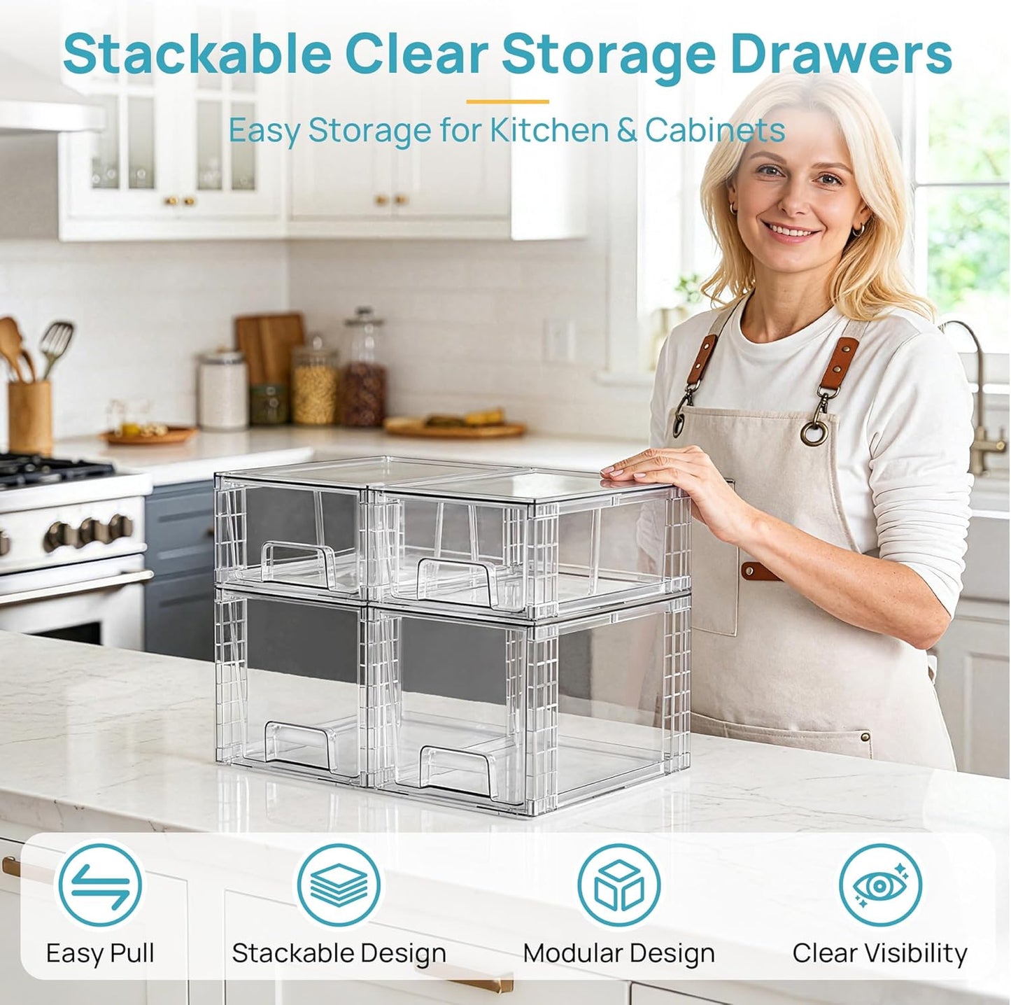 Vtopmart Clear Stackable Storage Drawers - Easy Assembly Organizers for Kitchen, Bathroom & Pantry | 4 Pack