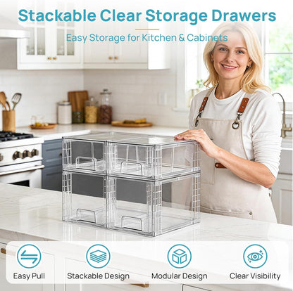 Vtopmart Clear Stackable Storage Drawers - Easy Assembly Organizers for Kitchen, Bathroom & Pantry | 4 Pack