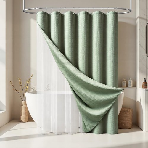 Dynamene Extra Wide Shower Curtain and Liner Set - 108 inch Wide Waffle Fabric, Waterproof Clear Liner, Heavy Duty Weighted Hotel Luxury Shower Curtains for Bathroom with 16 Hooks, 108x72, Sage Green