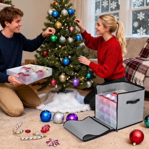 BALEINE Christmas Ornament Storage Box - Premium Holiday Container with Dividers for 64 Balls | Grey Soft Design