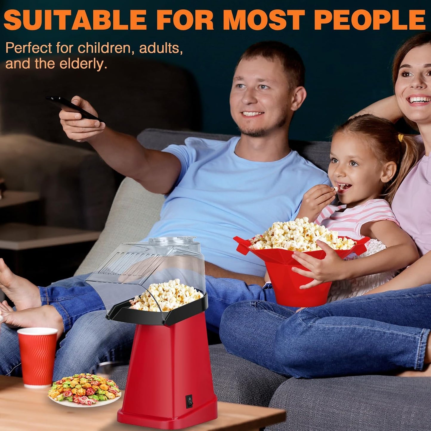 Skiennix Hot Air Popcorn Popper - Fast 1200W Machine with Bowl, Measuring Cup & Butter Tray | Perfect for Parties