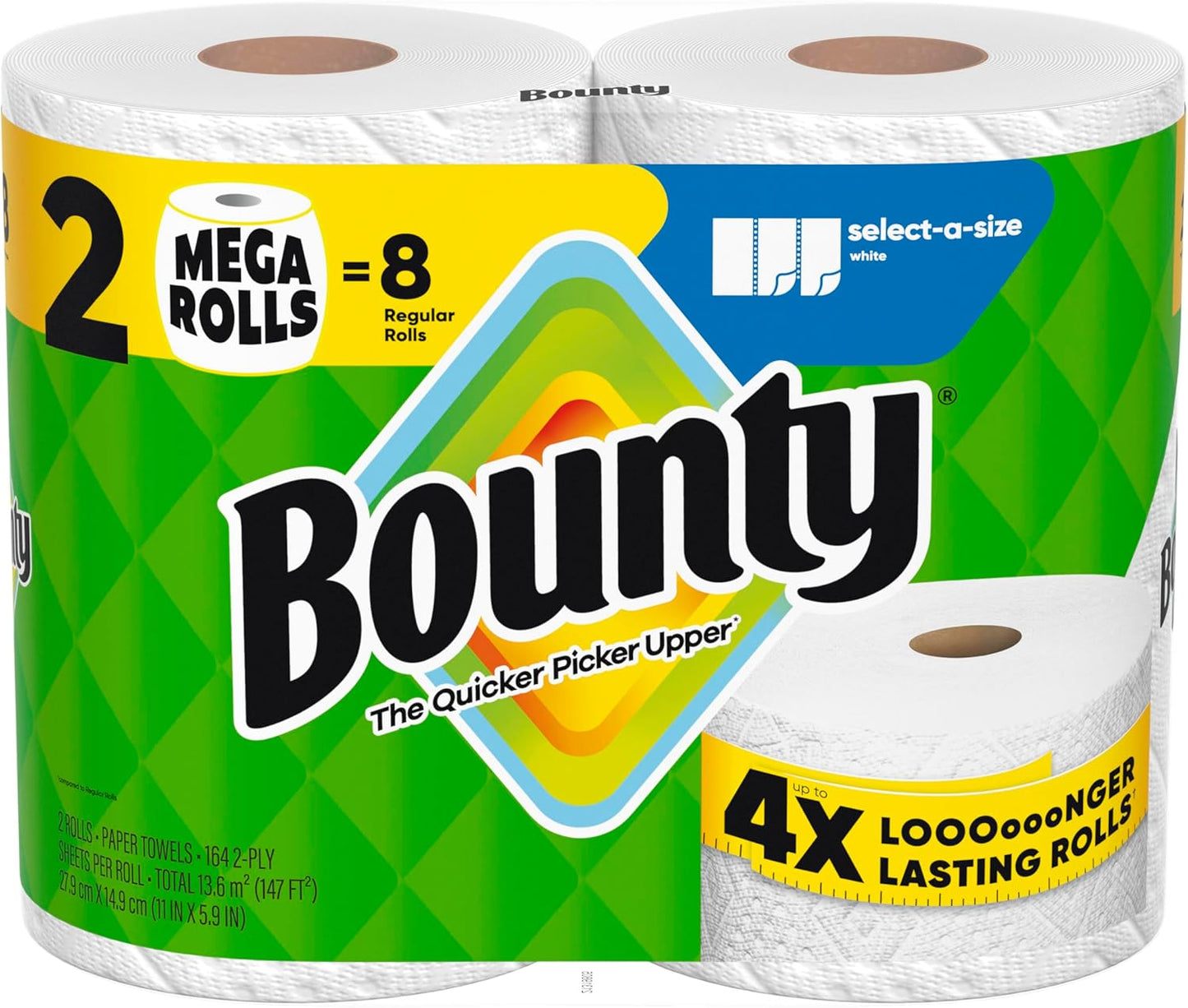Bounty Select-A-Size Paper Towels - White Mega Rolls for Superior Absorbency | 2 Rolls = 8 Regular Rolls