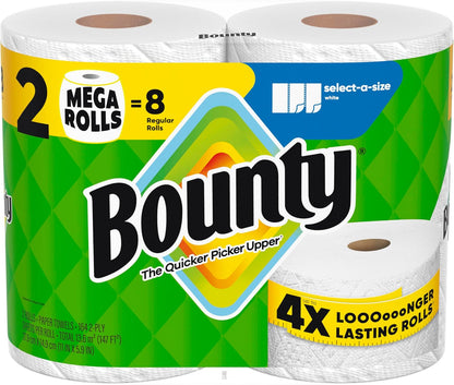 Bounty Select-A-Size Paper Towels - White Mega Rolls for Superior Absorbency | 2 Rolls = 8 Regular Rolls