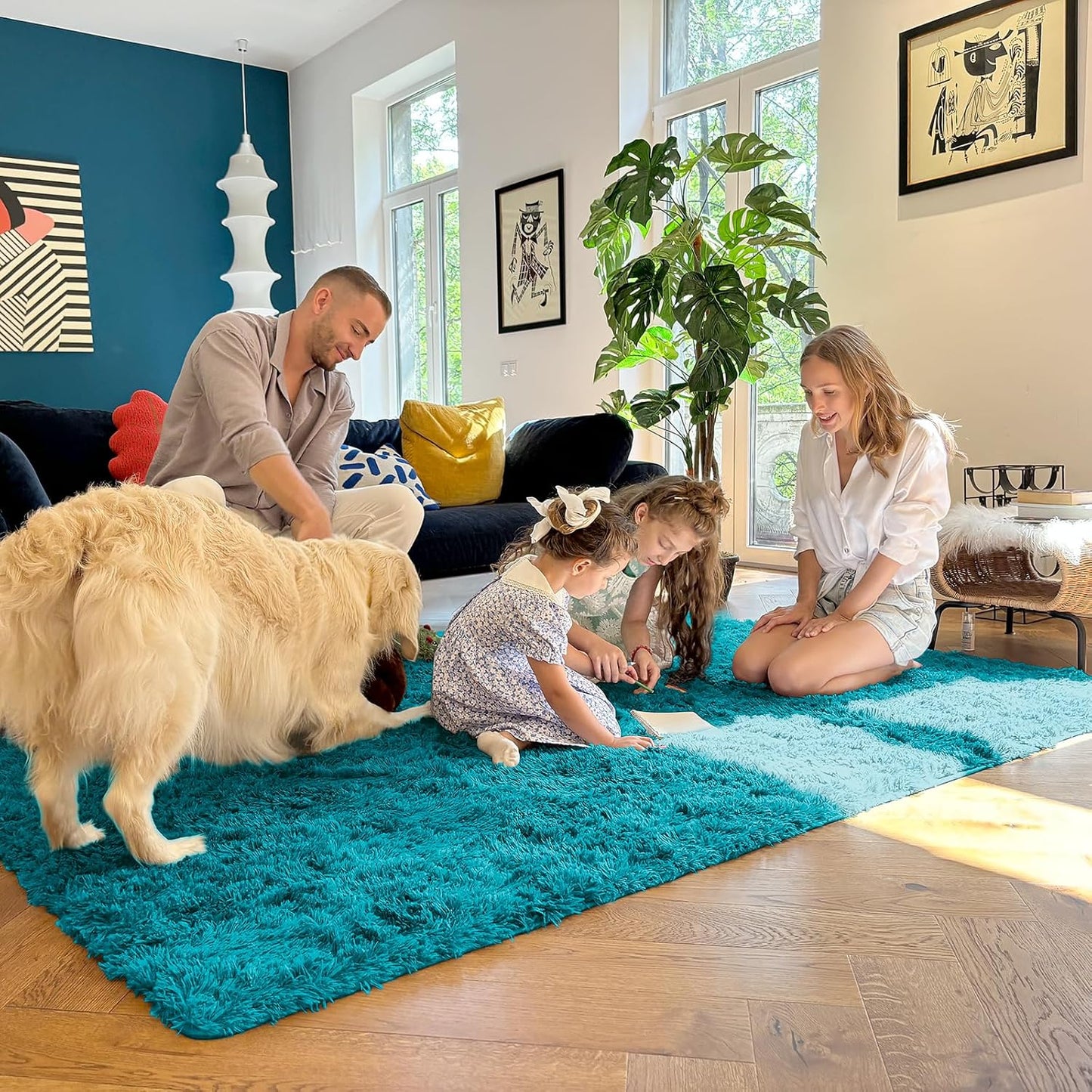 OLANLY Large Area Rug - Soft Fluffy Shaggy Indoor Carpet for Living Room & Bedroom | Teal 6x9 ft