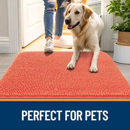 OLANLY Dog Door Mat - Absorbent Non-Slip Chenille for Muddy Paws | 34x21 Coral Indoor Entryway Carpet