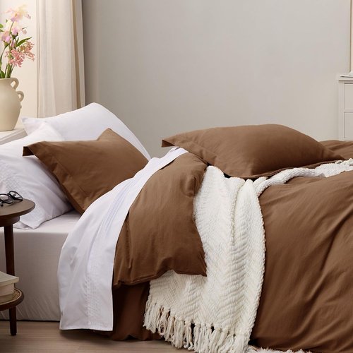 Bedsure Brown Duvet Cover Set - Extra Soft Cotton-Like Polyester, Full Size 80x90 Inches, 3 Pieces with Zipper Closure