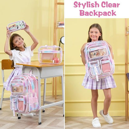 Fimibuke Clear Backpack - 3PCS Heavy Duty PVC Set with Lunch Box & Pencil Case | Cute Toddler Bookbag for School