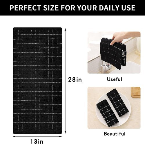 Homaxy Kitchen Towels - 100% Cotton Terry, Soft & Super Absorbent | Checkered Design, 4 Pack (Black, 13 x 28 Inches)